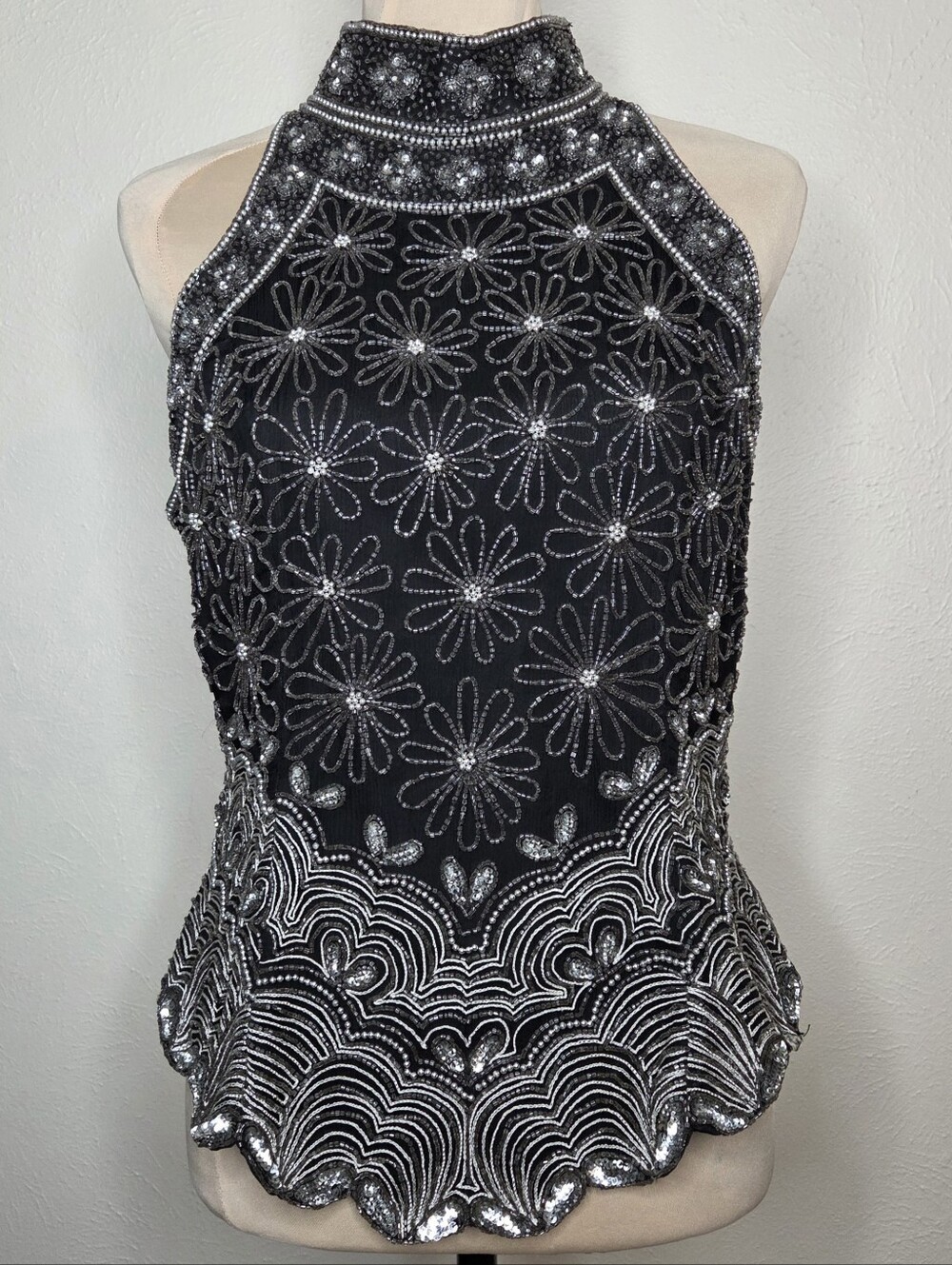Y2K Papell Black Silk Beaded Top Size L Art Deco Dark Fairy Goth